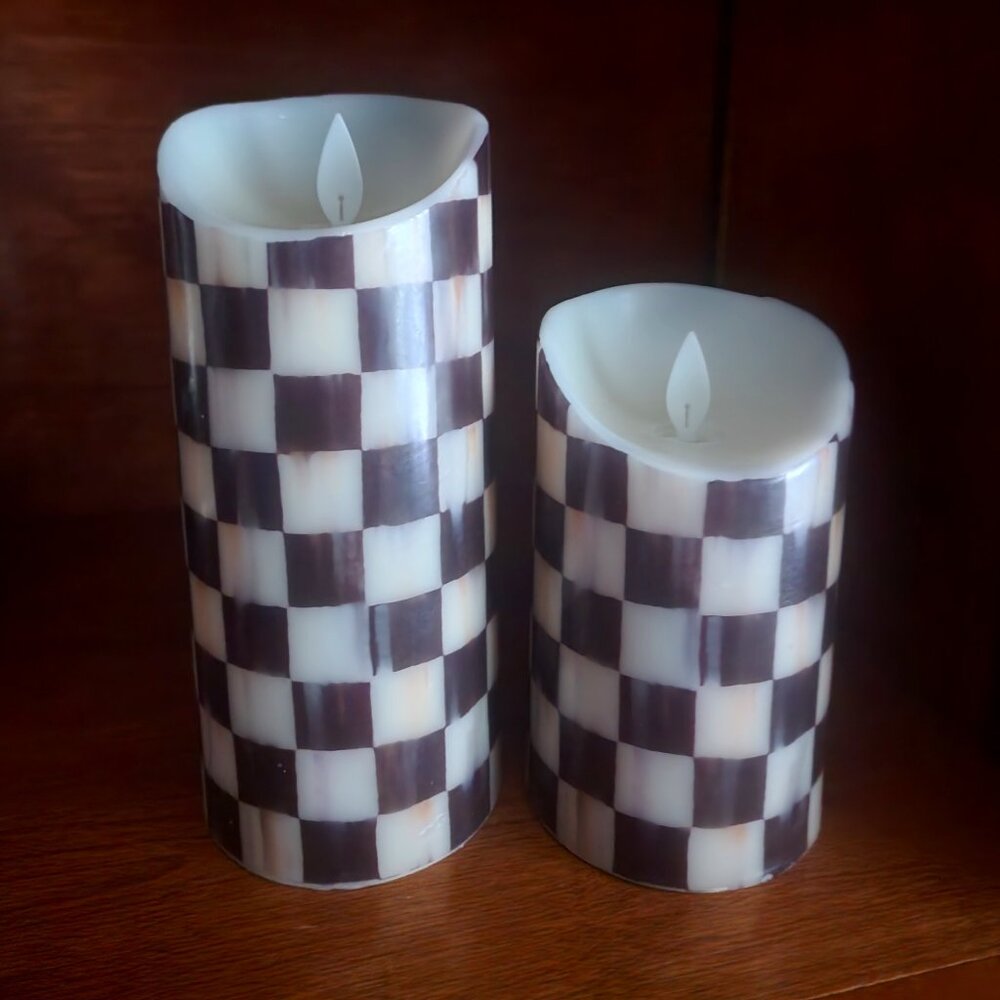 Mackenzie Childs Set of Two 7" & 5"Courtly Check Flicker Piller Candles